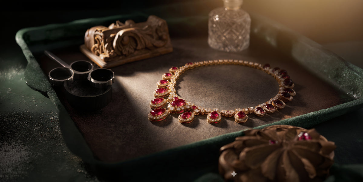 Elegant ruby and diamond necklace in yellow gold displayed on a dark velvet tray