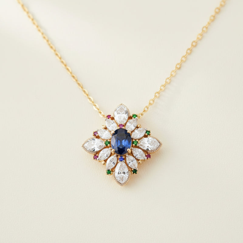 Sapphire & Multi-Gemstone Floral Pendant Necklace