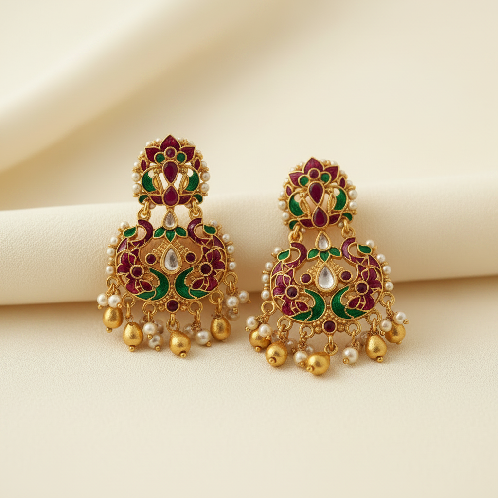 Kundan Meenakari Earrings – Rose Gold-Plated