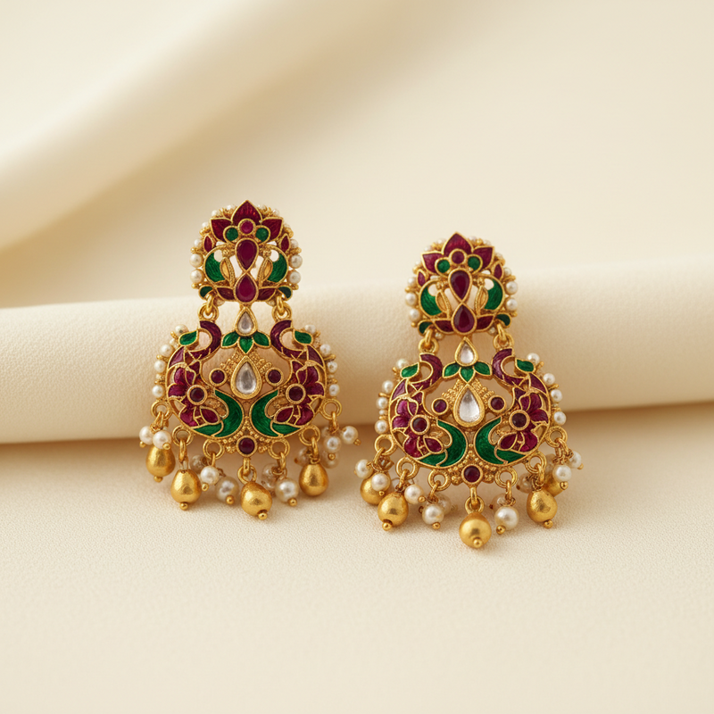 Traditional Gold Kundan Meenakari Earrings
